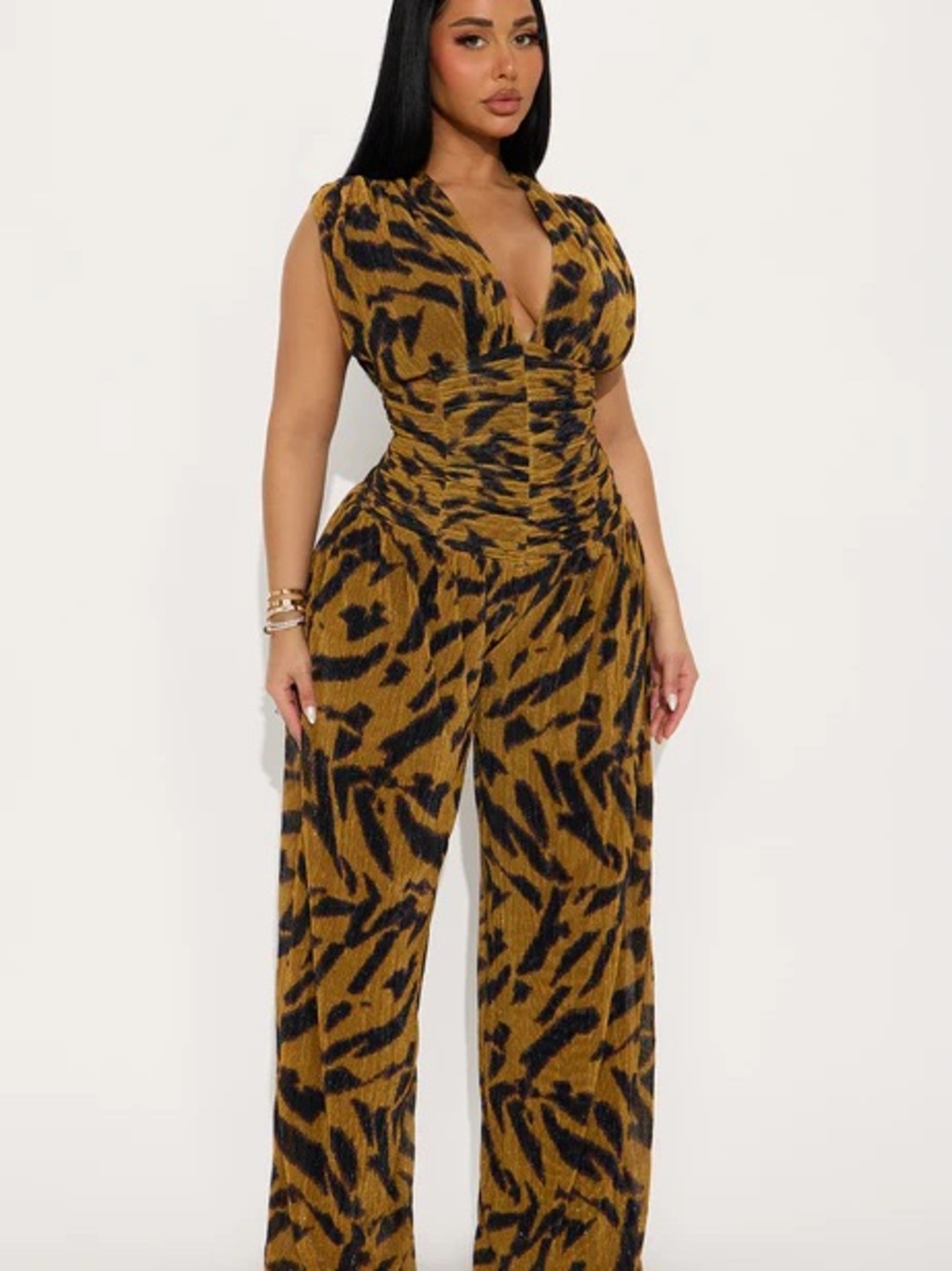 Fashion Nova Mustard and Black Animal Print Wide-Leg Jumpsuit